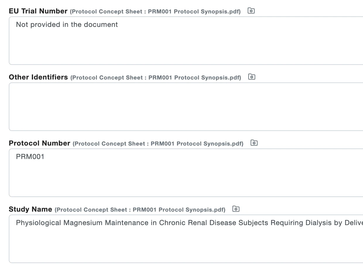 LINK AI data review for protocol PRM001: the protocol number and study name extracted into their fields, each labeled with the source document it came from.
