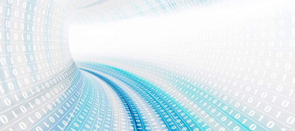 Abstract rendering of data streaming through a tunnel of light