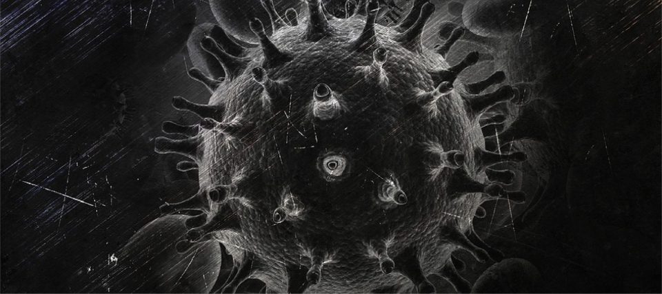 Electron-microscope style rendering of a virus particle