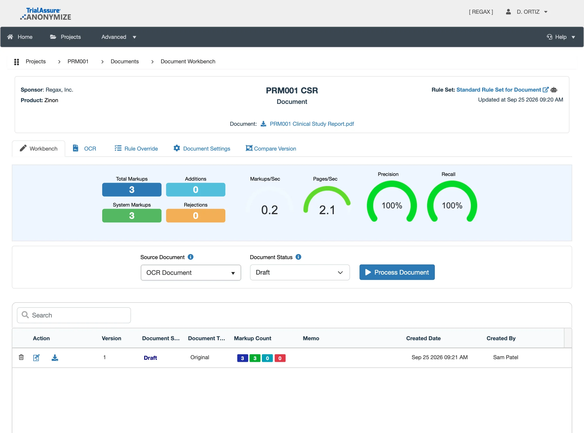 ANONYMIZE document workbench for the PRM001 clinical study report: markup counts and review metrics, and a version's download menu with the output file and the markup log.