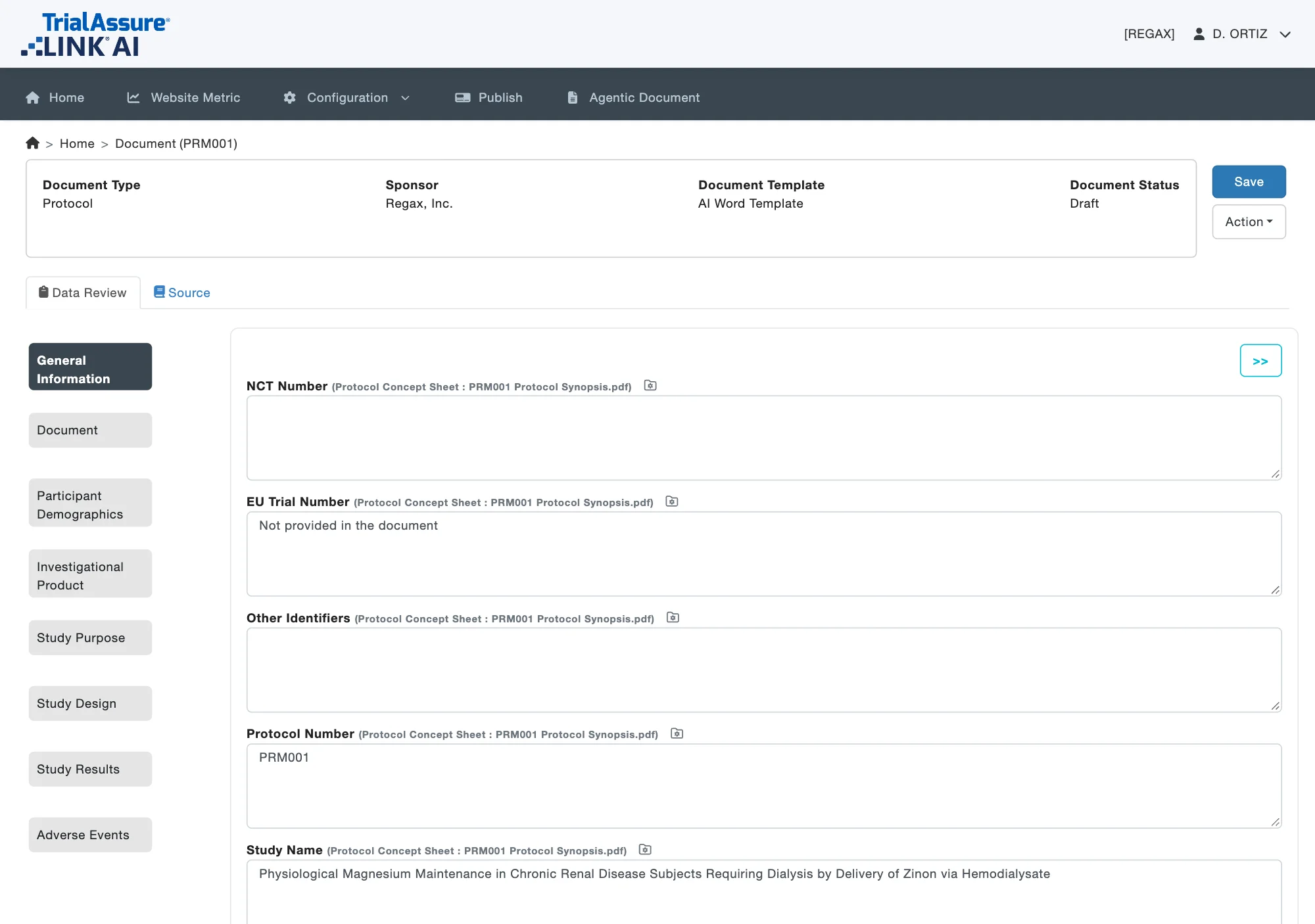 LINK AI data review for protocol PRM001: each extracted field, such as the protocol number and study name, labeled with the source document it came from.