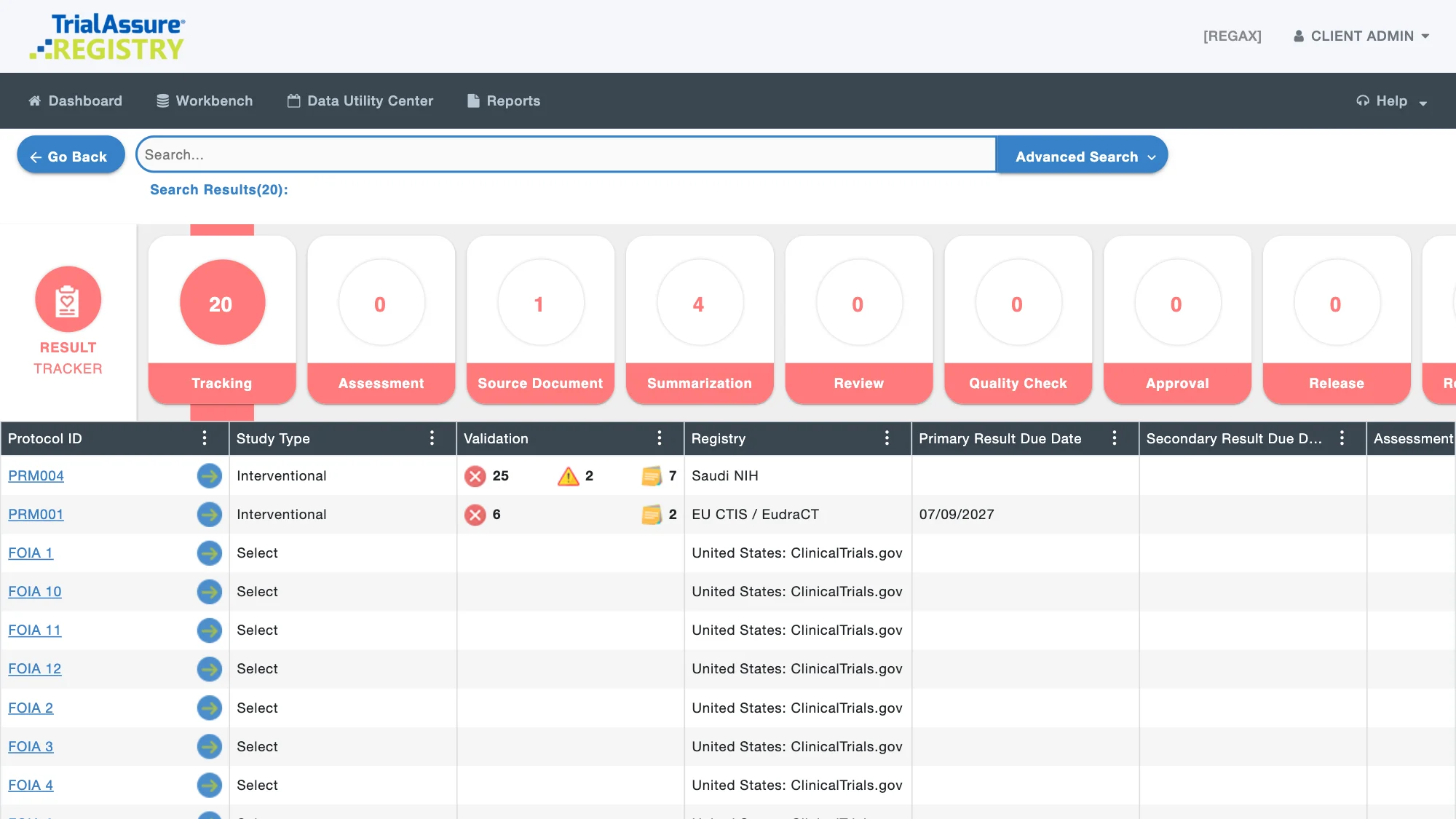 REGISTRY result tracker listing study records with their validation counts, target registry (Saudi NIH, EU CTIS / EudraCT, ClinicalTrials.gov) and primary result due date.