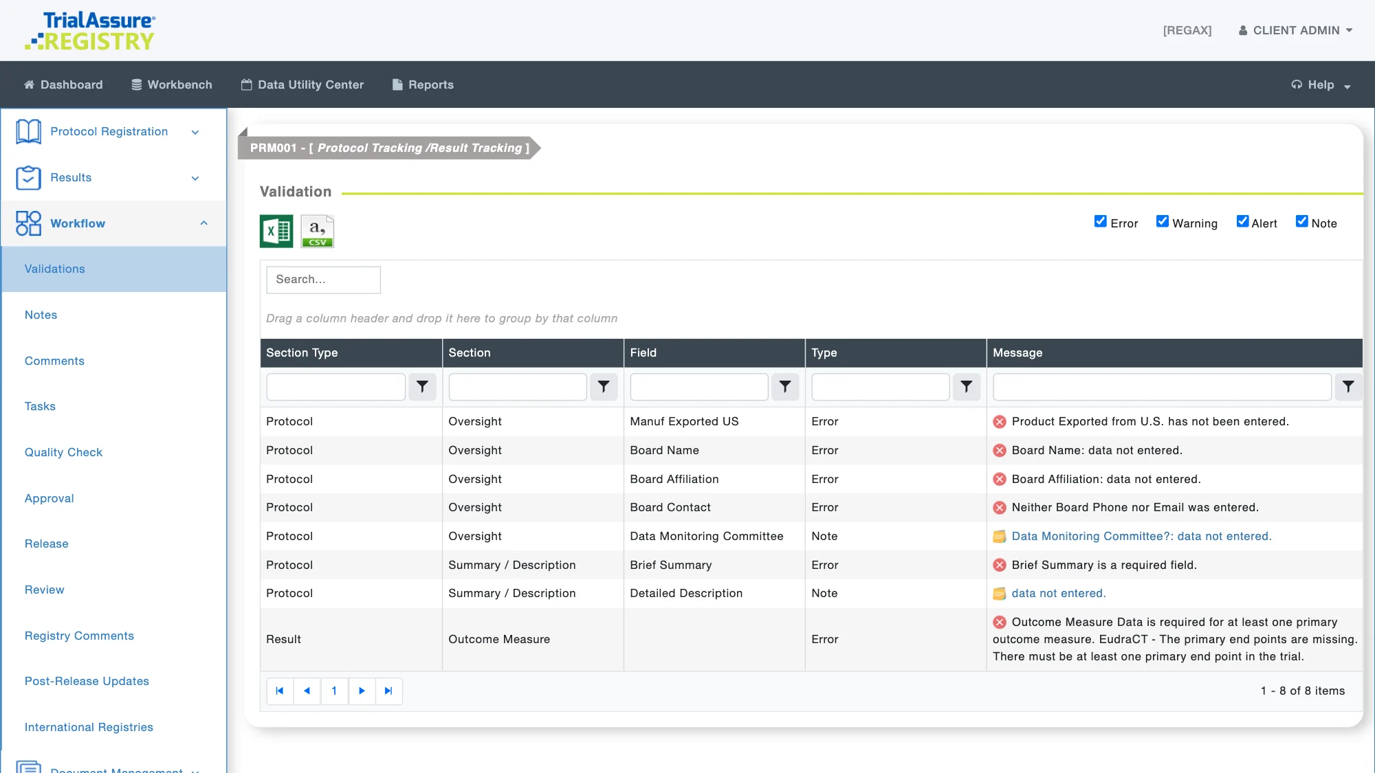 REGISTRY validation list for study PRM001: missing registration fields, such as the oversight board and brief summary, flagged as errors and notes before submission.